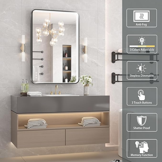 24x36 Inch LED Bathroom Mirror with Lights, Black Metal Framed LED Mirror for Bathroom, 3 Colors and Stepless Dimmable Wall Mounted Lighted Bathroom Vanity Mirror, Anti-Fog, Memory