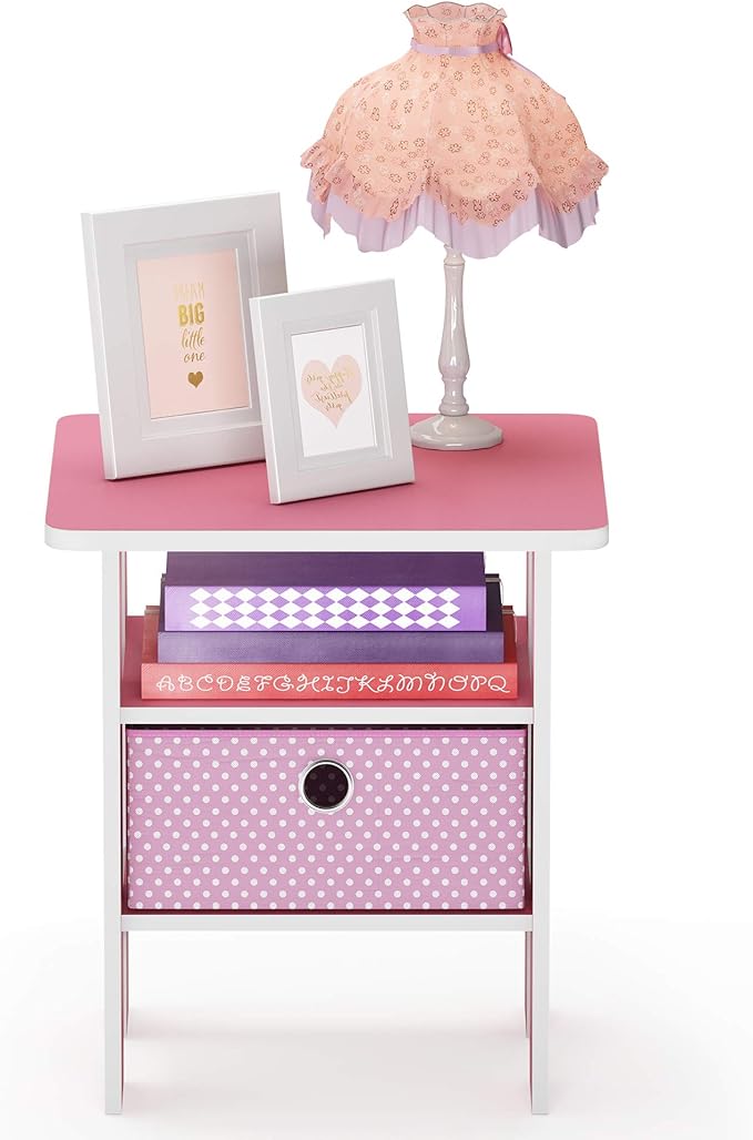 Furinno ANDREY Side Table, End Table, Night Stand with Open Shelves and Storage Bin, Bedside Table, for Living Room, Bedroom, Pink