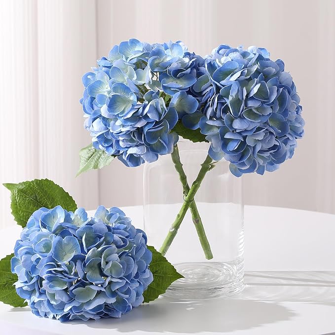 Nubry 22.44In Blue Hydrangea Artificial Flowers, 2Pcs Latex Faux Real Touch Large Hydrangea Flowers with Long Stems & Leaves for Home Office Decor Wedding Party Arrangements(Blue)