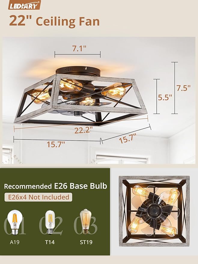 LEDIARY Ceiling Fans With Lights Remote Control, 22 Inch Farmhouse Caged Flush Mount Ceiling Fan Low Profile, Small Industrial Rustic Quiet Ceiling Fan With Remote For Bedroom, Kitchen, Indoor Home