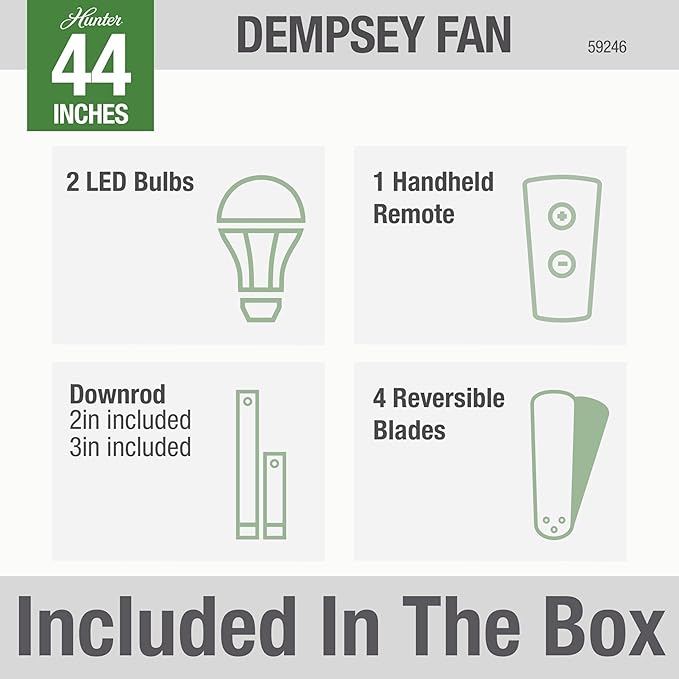 Hunter 44 inch Indoor Ceiling Fan with LED Light and Remote Control - White Modern Ceiling Fan, Standard Mount, 4 Blades, For Bedroom, Living Room, or Kitchen - Dempsey 59246, Fresh White