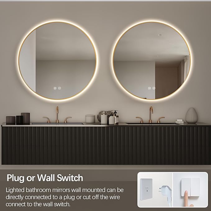 Niccy Round Led Mirror for Bathroom, 36" Backlit Mirror for Wall Circle Lighted Mirror with Gold Frame Anti-Fog, 3 Colors, HD Glass and IP65 Waterproof