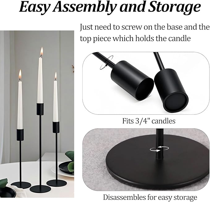 Set of 3 Black Taper Candle Holders, Metal Black Candlestick Holders, Tall Candle Holder, Fits 3/4 inch Thick Candle&Led Candles, for Table Centerpiece, Wedding, Dinning, Party Home Decor