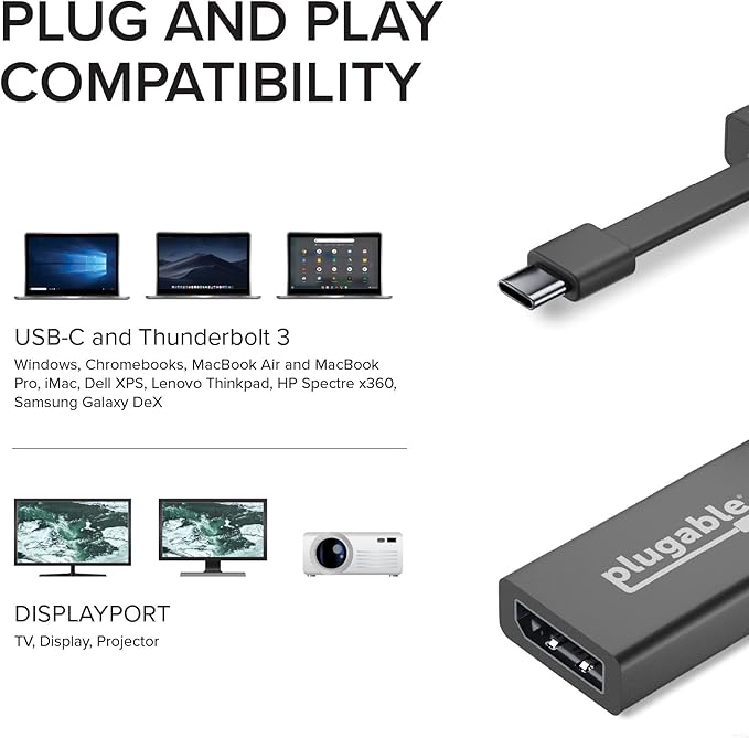 Plugable USB C to DisplayPort Adapter 4K 60Hz - Driverless Thunderbolt 3 to DisplayPort Adapter Compatible with MacBook Pro, Windows, Chromebooks, iPad Pro, Dell XPS, and More