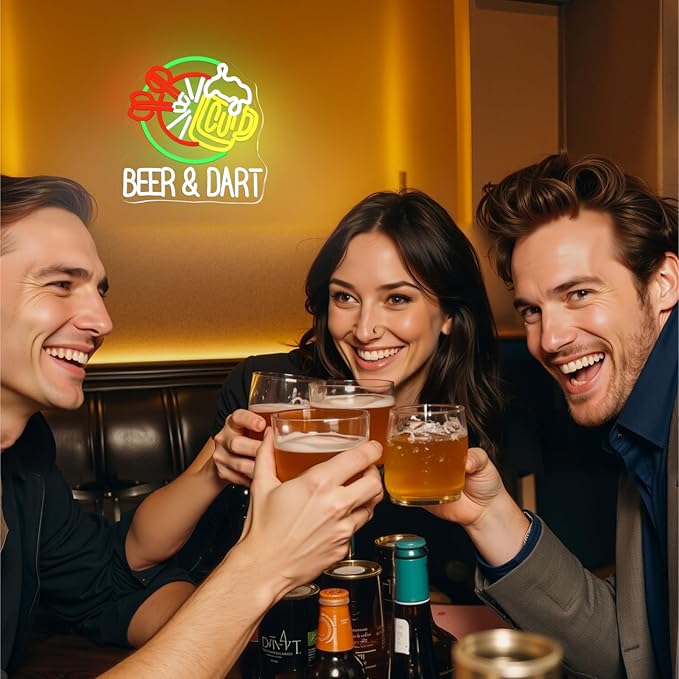 Beer & Dart Neon Sign – Fun Bar Wall Light with Dartboard and Beer Mug Design LED Decor for Game Room, Pub, or Man Cave, USB Powered, 5V/2A，Dimmable