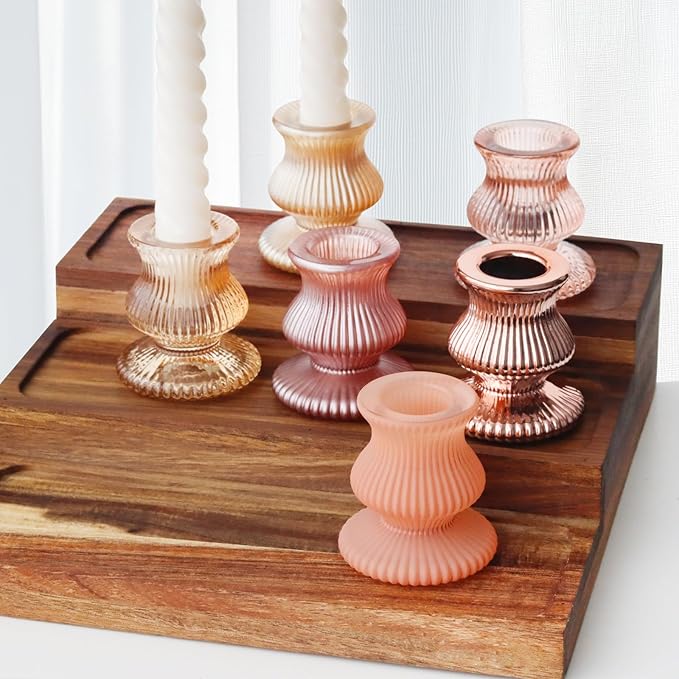 WDHODEC Pink Gold Candlestick Holders 12PCS Glass Taper Candle Holders for Table Centerpiece Colorful Candle Sticks for Spring Wedding, Party and Festival Decoration