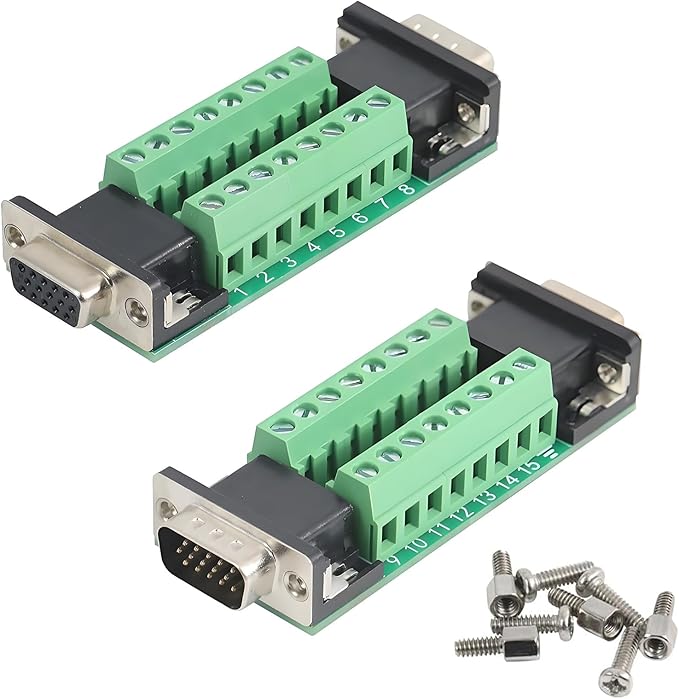 2PCS VGA 3Row 15Pin Male to Female Breakout Board, RS232 D-SUB Serial to 15pin Serial Solderless Port Terminal Gender Changer Connector