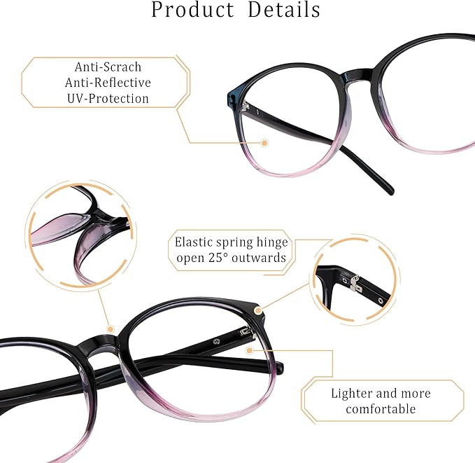 LifeArt Round Blue Light Blocking Glasses, Computer Glasses, Gaming Glasses, TV Glasses for Women Men (Black Purple, 0.25 Magnification)