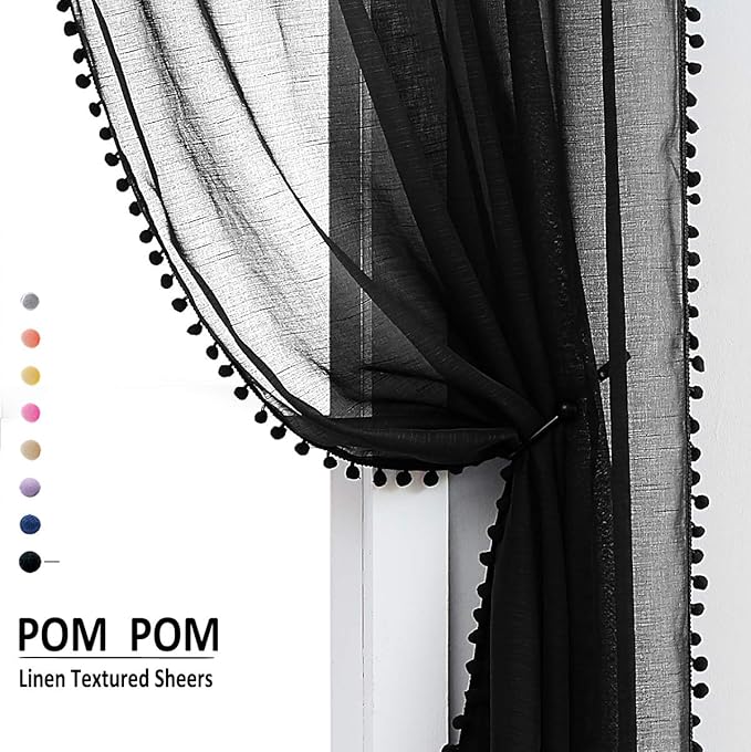 Treatmentex Black Sheer Curtains for Living Room 95" Linen Texture Chic Curtain Panels Pom Pom Trimmed Voile Drapes for Bedroom Office Children's Room 2pcs