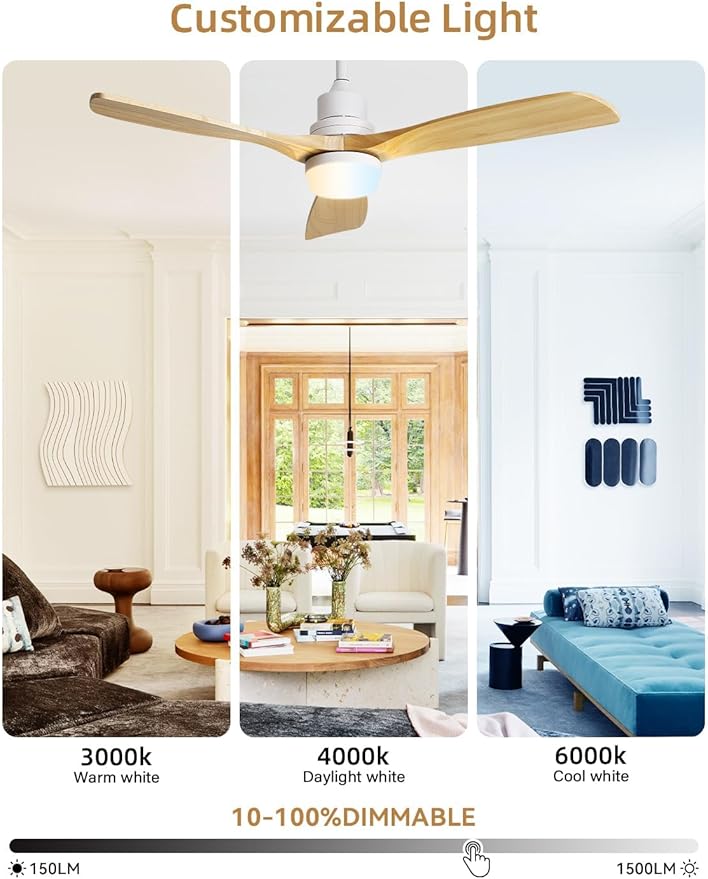Sofucor 52 Inch Smart Ceiling Fans with Lights and Alexa/Google Assistant/APP/Remote Control-Modern Solid Wood Outdoor 3 Blades Ceiling Fan for Bedroom Living Room Indoor Farmhouse Patio, Natural Wood