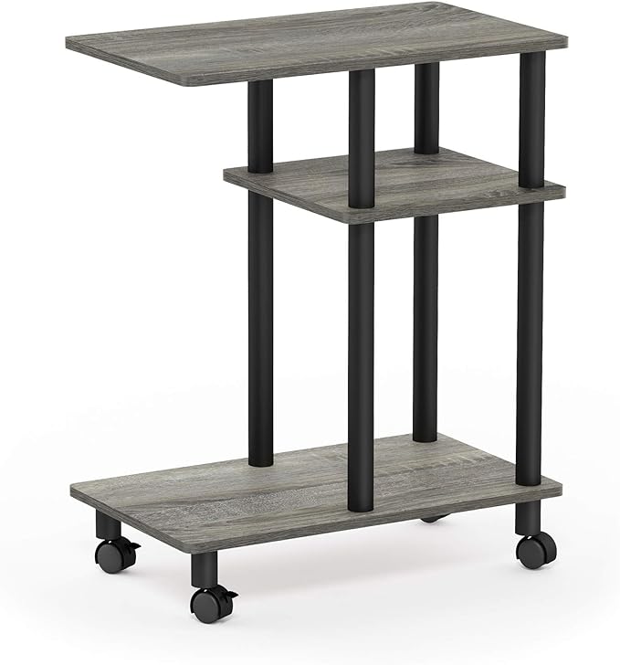 Furinno Turn-N-Tube C Shaped Side Table with Casters, French Oak Grey/Black