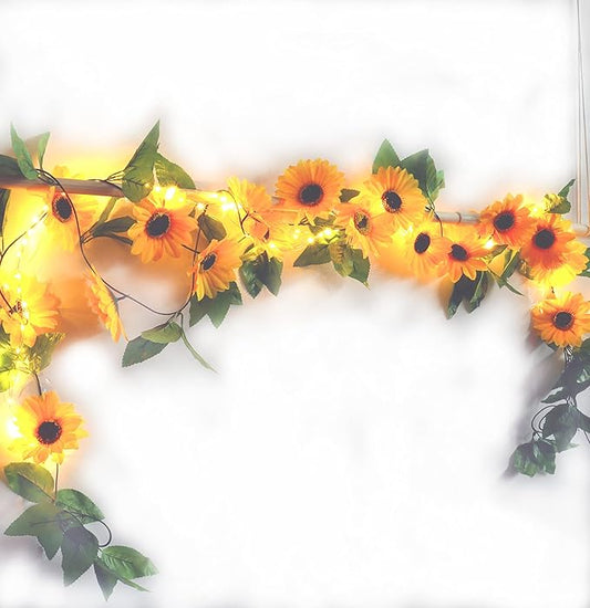 2 Pack 8.8FT Artificial Sunflower Garland with 100 LED Fairy String Lights,Fake Vines Faux Sunflowers Hanging Garland Silk Flowers Hanging Plant for Indoor,Outdoor,Wedding,Wall,Birthday Party