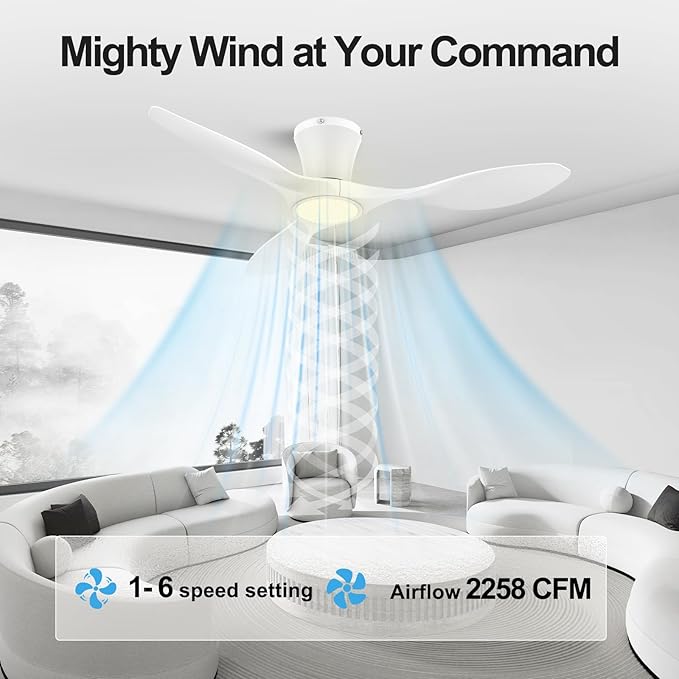 ocioc 42 inch Ceiling Fans with Lights and Remote, Dimmable Ceiling Fans with Reversible Quiet DC Motor, Flush Mount, 3CCT, White Ceiling Fan for Bedroom Living Room Indoor/Outdoor