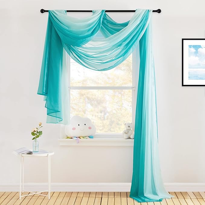 NICETOWN Teal Ombre Sheer Scarf Curtains Valances, Decorative Elegant Backdrop Voile Sheer Texture Bed Canopy for Indoor Outdoor Beach Wedding/Bed Canopy, 2 Panels, W60 x L216