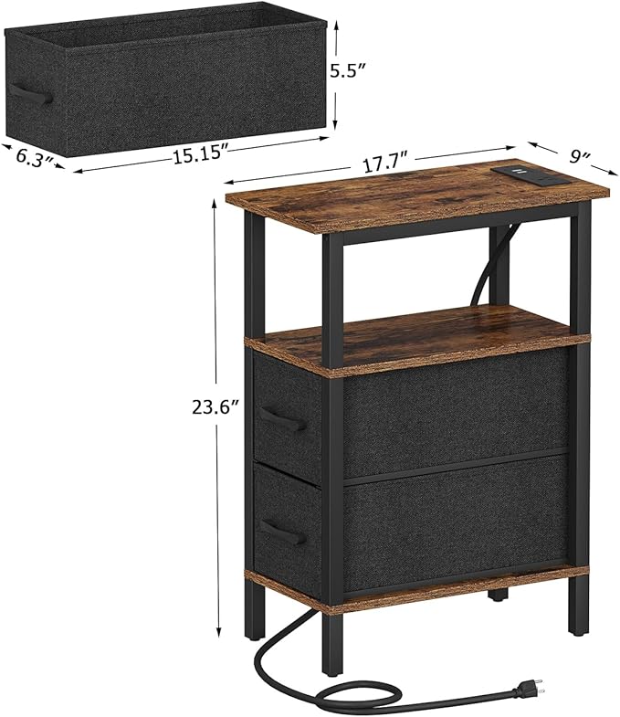 2 Set Narrow Side Table for Small Spaces, Skinny End Table with Charging Station, Sofa Beside Table with 2 Drawers 1 Open Compartment, Slim Nightstand with USB Ports Outlet, Rustic and Brown UTBT004F2