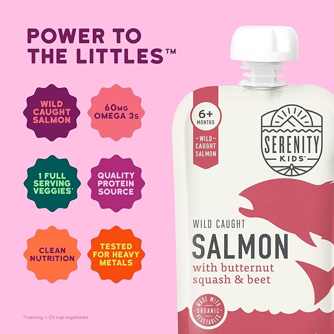 Serenity Kids 6+ Month Salmon Baby Food Pouches - Wild-Caught Salmon & Organic Butternut Squash & Beet Puree - BPA-Free Food Pouches for Baby - 3.5 Oz, 12 Pack