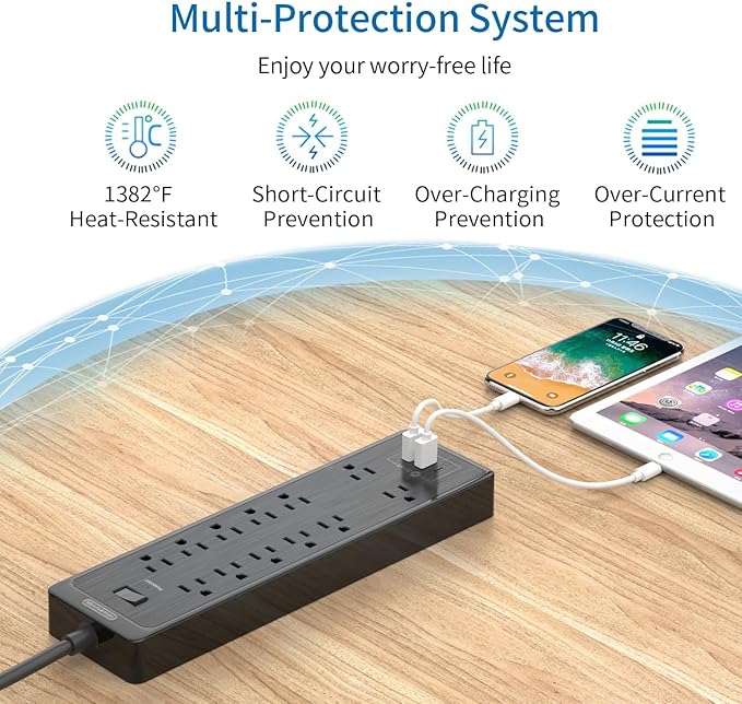 NTONPOWER 15 ft Extension Cord, Flat Plug Surge Protector Power Strip with USB, 12 Outlets Surge Protector Wall Mount, 2100 Joules, 1875W, 15A Circuit Breaker for Home Office Dorm Essentials, Black