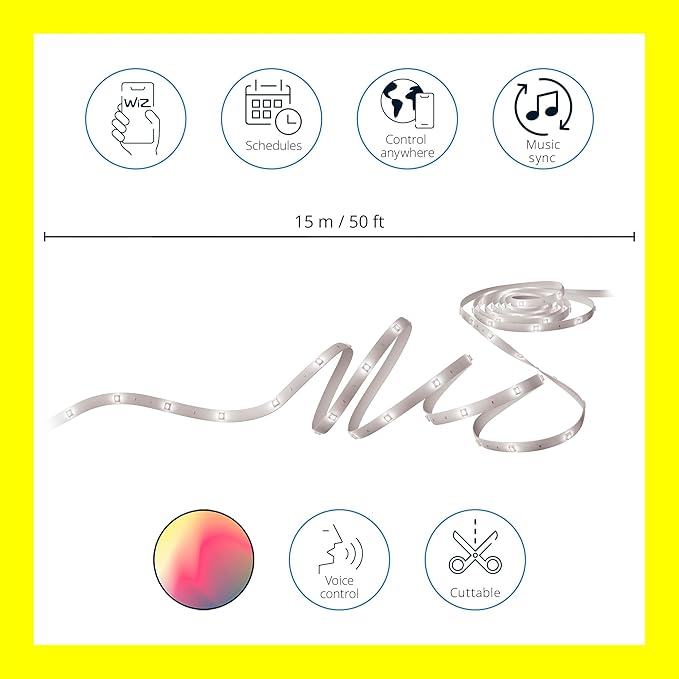 WiZ LED Smart Light Strip - Sunset to Sunrise Automation + Preset Light Modes + Control with Voice or App, Full Color RGB, Works with Alexa, Google Home, and HomeKit - 50 ft Cut to Fit (Pack of 4)
