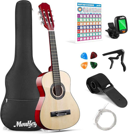 Moukey 30" Acoustic Guitar for Beginners Kids Youth 1/4 Size Dreadnought Guitarra Acustica Kit with Chord Poster, Gig Bag, Tuner, Picks, Nylon Strings, Capo, Strap - Natural