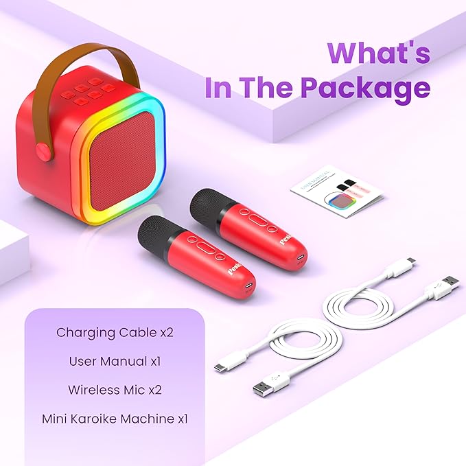 Mini Karaoke Machine for Kids Adults, Portable Karaoke Microphone Singing Speaker Bluetooth Karaoke Player with 2 Wireless Mic, Birthday Gifts for Girls Boys 4-12 Year Old, Family Home Party(Red)