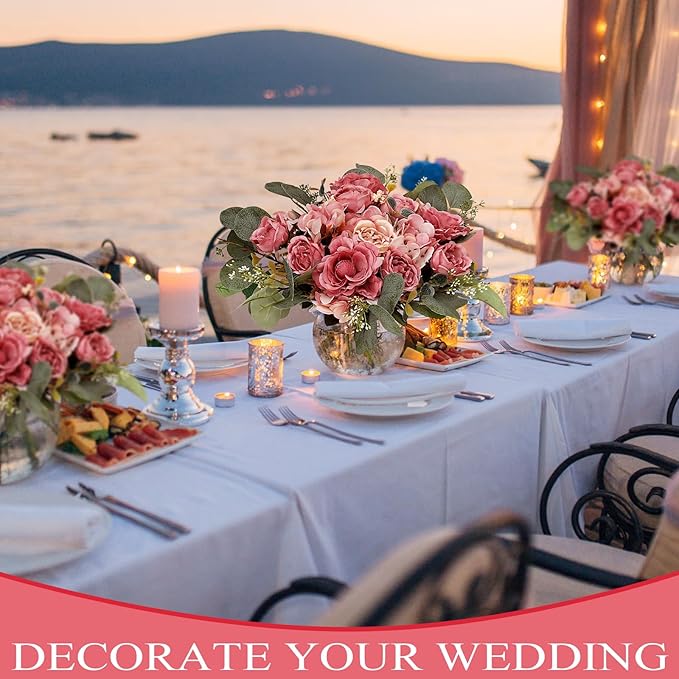 Peony Artificial Flowers, Faux Peonies Hydrangea Eucalyptus Bouquet 12 Packs Silk Vintage Realistic Peony Floral Arrangement for Wedding Centerpiece Table Vase Home Party Decor-Dusty Pink