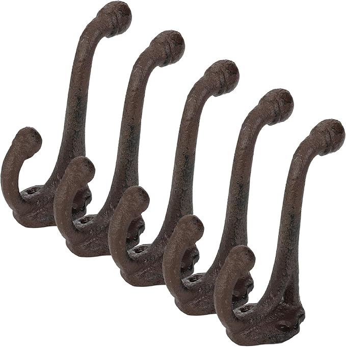 Peohud 10 Pack Cast Iron Coat Hooks, Rustic Wall Hooks, Wall Mounted Farmhouse Coat Hangers, Heavy Duty Double Hooks for Hanging Coats, Bags, Caps, Hats, Towels, Keys