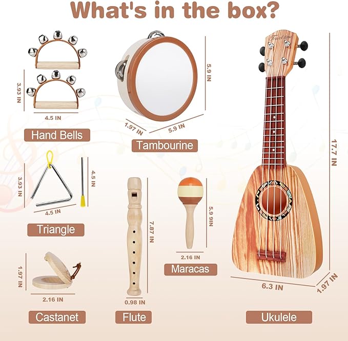 Kids Guitar Set - Musical Toys for 2 3 Year Old Boy Birthday Gifts, Montessori Toys for 2 Year Old Girls, Musical Instruments with Ukulele/Tambourine/Maracas for Toddler 2-4, Band Sets for Kids 3-5