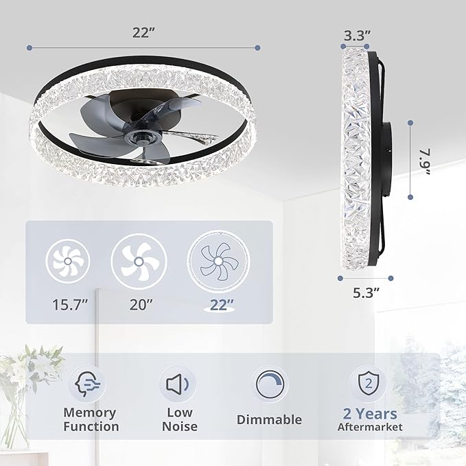 LEDIARY 22" Modern Ceiling Fans with Lights and Remote, Dimmable Low Profile Ceiling Fan, Flush Mount Ceiling Fan, Stepless Color Temperature Change and 6 Speeds - Black