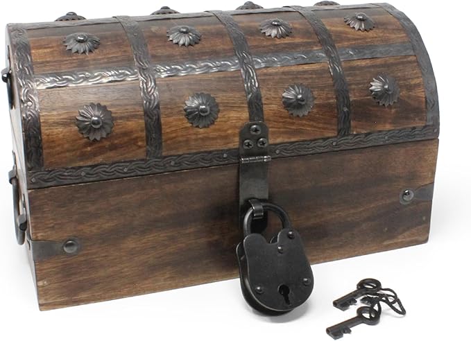 Nautical Cove Handmade Pirate Treasure Chest for Kids Prizes & Classroom with Lock and Skeleton Keys – Lockable Wooden Storage Chest Box, Pirate Decor, Decorative Wooden Box - Medium 11x6x6.75