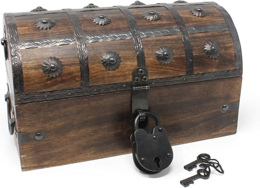 Nautical Cove Handmade Pirate Treasure Chest for Kids Prizes & Classroom with Lock and Skeleton Keys – Lockable Wooden Storage Chest Box, Pirate Decor, Decorative Wooden Box - Medium 11x6x6.75