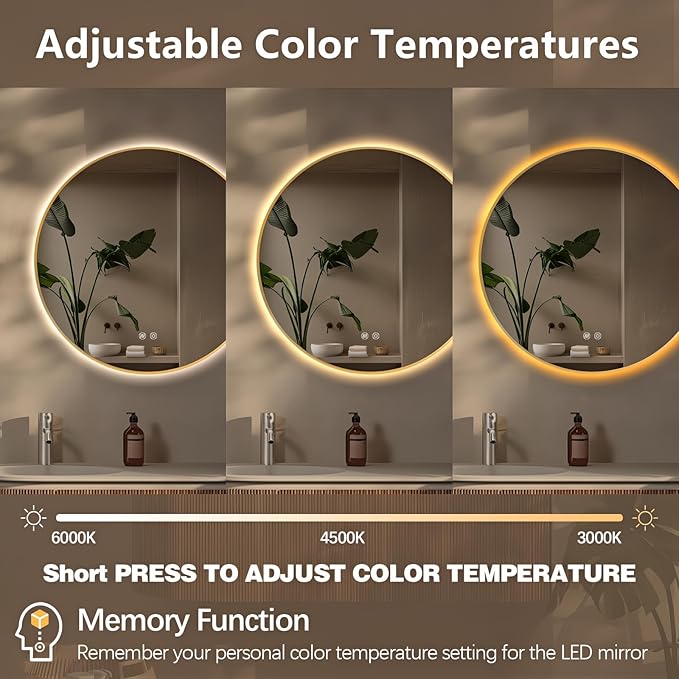 Niccy Round Led Mirror for Bathroom, 24" Backlit Mirror for Wall Circle Lighted Mirror with Gold Frame Anti-Fog, 3 Colors, HD Glass and IP65 Waterproof