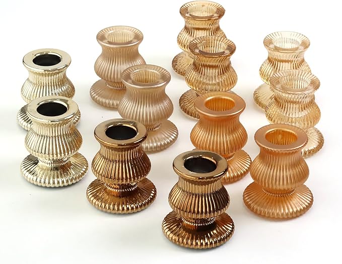 WDHODEC Gold Candlestick Holders 12PCS Glass Taper Candle Holders for Table Centerpiece Colorful Candle Sticks for Wedding, Party and Festival Decoration