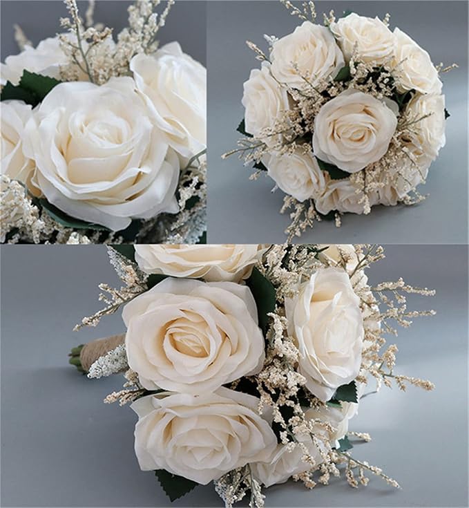 Wedding Bouquet Artificial Roses Flower Bride Bridal Bouquets Handmade Silk Creamy Flower Wedding Bridal Bouquets for Church Party Home Decoration (Cream)