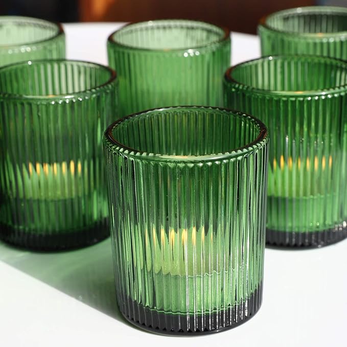 VOHO 12pcs Candle Holder Ribbed Glass, Green Votive Candle Holders for Wedding Party Table Centerpieces, Glass Tealight Candle Holder for Birthday Gift(2.1'' x 2.6'', Green)