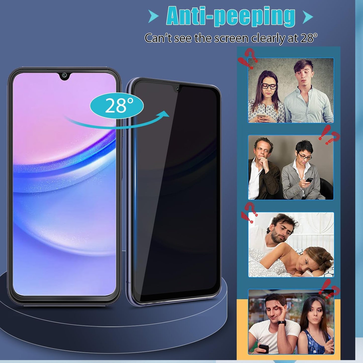 Samsung Galaxy A15 5G Privacy Tempered Glass Screen & Camera Lens Protector 2+2 Pack, Anti-Scratch, 9H Hardness.