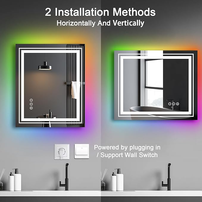 LED Mirror for Bathroom, 30"X36" with 8 RGB Backlit +3 Front Lit (Adjustable Individually), Anti-Fog, Lighted Bathroom Vanity Mirror for Wall, Shatterproof, Memory Function, Tempered Glass