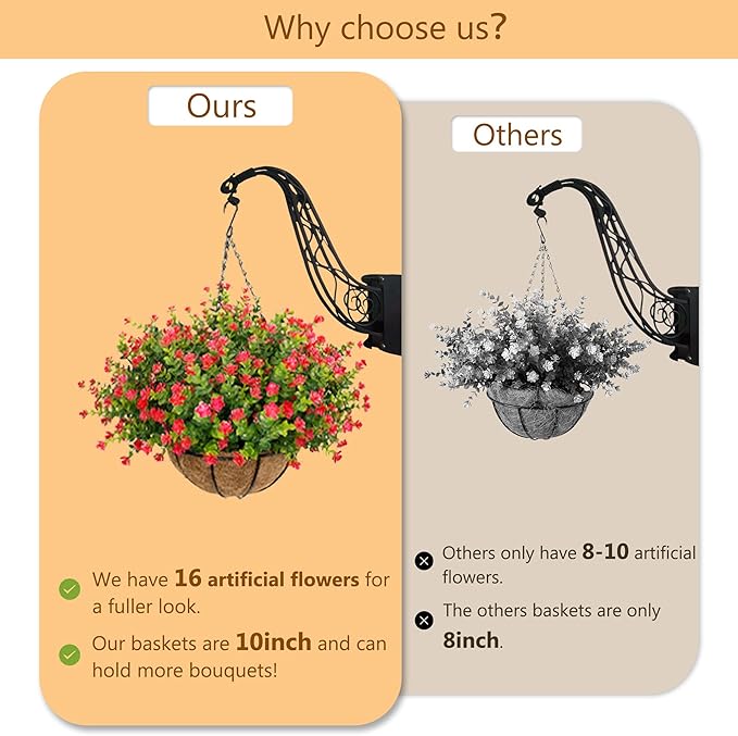 Artificial Hanging Flowers Basket for Outdoor, 16 Fake Flowers Look Real UV Resistant, Faux Hanging Plants for Porch, Balcony, Patio, Garden, Spring Summer Decor,Red