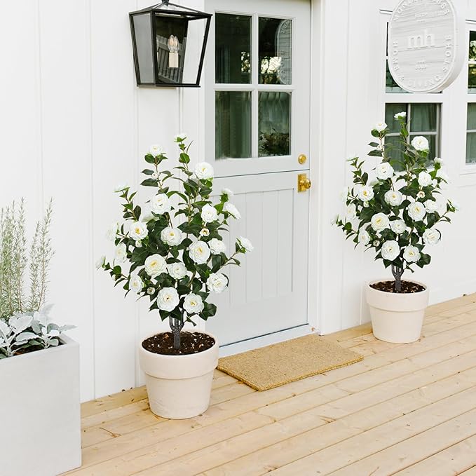 2 Pack 43.3"/3.6FT Artificial Camellia Tree Fake Outdoor Tree with 32 Blooming Flowers White Tree for Home Front Door Winter Christmas Indoor Decor (Including Dried Moss)