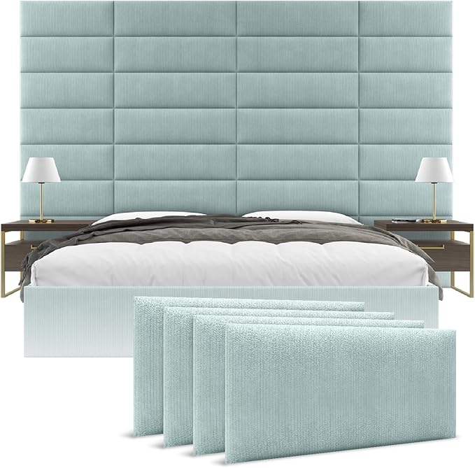 Vänt Upholstered Wall Panels - Queen/Full Size Wall Mounted Headboards - Ribbed Iceland Blue - Set of 4 Panels (Each Individual Panel 30"x11.5")