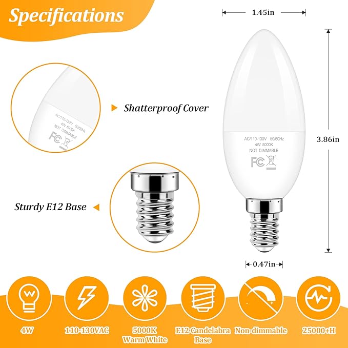 Brightever E12 LED Candelabra 40 Watt Equivalent Light Bulbs, 4W Warm White 2700K Ceiling Fan Bulbs, Chandelier Candle Lights for Wall Lanterns, Pendant Lights, Non-Dimmable, 6-Pack