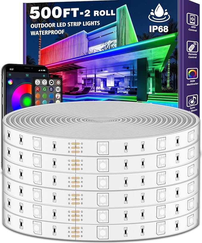 AILBTON 500ft Outdoor LED Strip Lights Waterproof,IP68 Outside Led Light Strips Waterproof with Bluetooth App Remote Control,Music Sync RGB Exterior Led Rope Lights,for Balcony,Deck,Roof,Garden,Pool