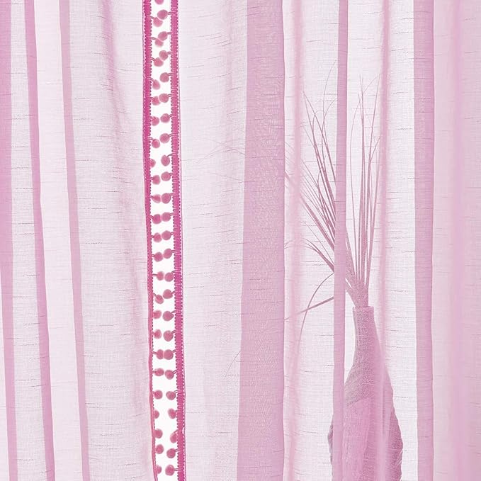 Treatmentex Sheer Curtains for Bedroom Nursery Room Pink 72 inches Long Linen Texture Slub Pom Pom Voile for Windows 52" W x 2 Panels Rod Pocket