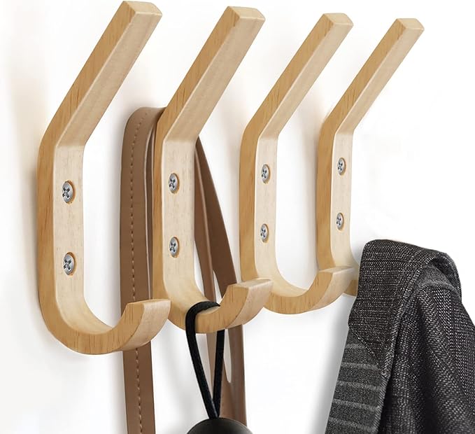 Wooden Coat Hooks Wall Hooks,Natural Oak Wood Hooks Decorative Vintage Wood Wall Hooks Organizer Heavy Duty Wall Mounted Hooks for Hanging Coats, Key, Cap, Cup (4 Pack)