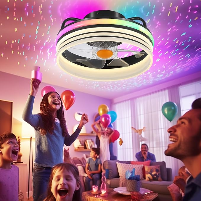 Flush Mount Ceiling Fan with Light - Small Low Profile Ceiling Fan,13" RGB Dimmable LED Bladeless Ceiling Fans, Modern Enclosed LED-RGB Ambient Light for Bedroom, Kids Room, Party