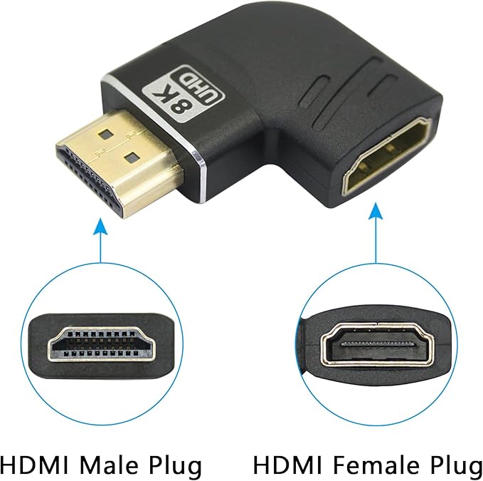 HDMI Male to HDMI Female Adapter 8K, Right Angle Gold Plated 90 Degree and 270 Degree, Supporting 8K@60Hz, 4K@120Hz, Suitable for Laptops, PC, Projectors, etc- 2Pcs