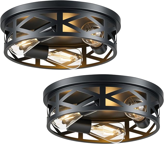 VONLUCE Flush Mount Ceiling Lights, 4-Light Hallway Ceiling Lighting Fixtures, 15 inch Farmhouse Metal Cage Ceiling Lights for Entryway Kitchen, Adjustable Lamp Holders, 2 pcs, Black