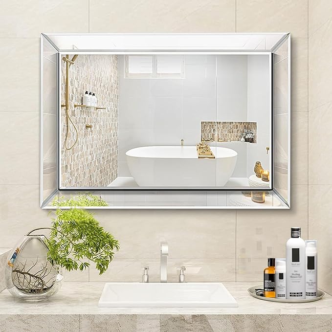 Pregaspor Mirror on Mirror Wall Mirror for Bathroom, 22" x 32" Rectangular Frameless Bathroom Vanity Mirrors for Wall, Polished Beveled Edge Decorative Mirrors for Living Room, Washroom and Bedroom