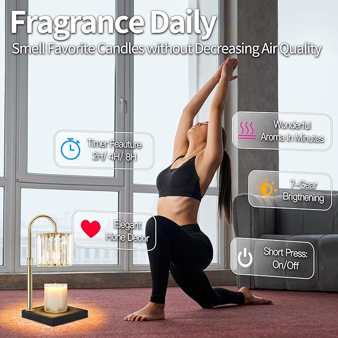 Candle Warmer Lamp, Wax Warmer Candle Lamp Timer & Dimmer 7-Levels, Compatible Most Jar Candles, Top Melting, Cystal Candle Heater Lamp for Scented Wax, Elegant Home Decoration, Black