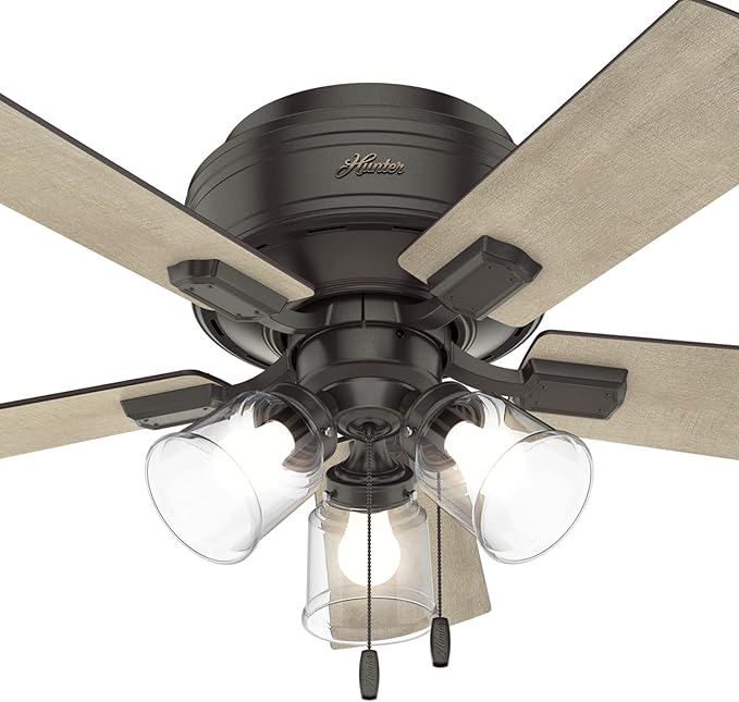 Hunter 42 inch Indoor Ceiling Fan with LED Lights and Pull Chain - Low Profile Mount Ceiling Fan, 5 Blades, For Bedroom, Living Room, or Kitchen, Quiet - Crestfield 52153, Noble Bronze