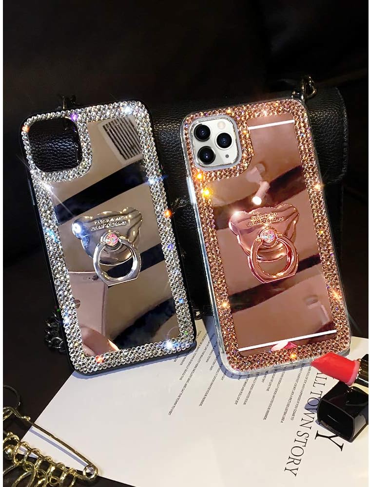 LUVI 6.7 inch Compatible iPhone 12 Pro Max Diamond Glitter Case with Makeup Mirror, Ring Holder, Bling Rhinestone
